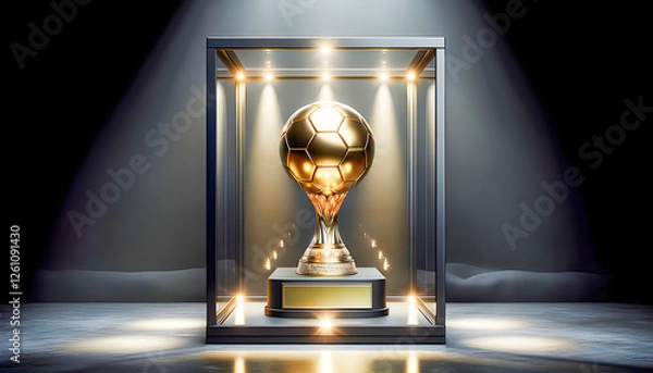 Fototapeta A shiny gold football trophy gleams in a glass backlit display, showcasing its impressive design and reflecting the glory of victory, captured in a moment of excellence