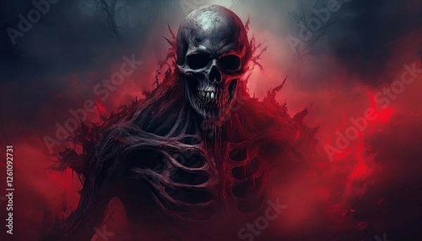 Fototapeta 심연 속에서 깨어나는 듯한 거대한 해골, 검붉은 안개가 주변을 감싸며 사악한 기운을 내뿜고 있다