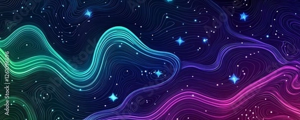 Fototapeta Glowing Light Waves & Stars – Blue & Green Gradient Abstract Background