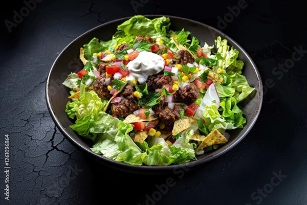 Obraz Satisfying Fresh Veggie Salad with Succulent Beef Patties and Crunchy Tortilla Strips