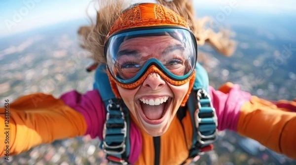 Fototapeta This vibrant image showcases a joyful skydiver enjoying an exhilarating free fall, reinforcing the spirit of adventure and the thrill of extreme sports in the open sky.