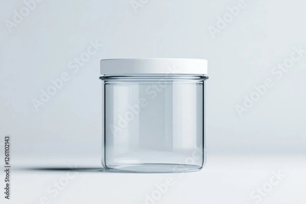 Fototapeta dynamic design of transparent plastic food container with white lid displayed on plain white background with copy space