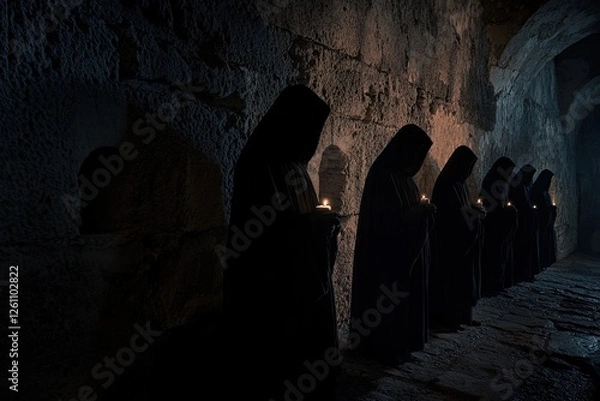 Fototapeta Monks holding candles during holy week procession in ancient building.