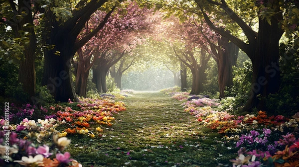Obraz Whimsical forest clearing surrounded by colorful blossoms for enchanting wedding photography