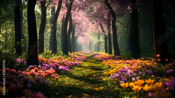 Obraz Whimsical forest clearing surrounded by colorful blossoms for enchanting wedding photography