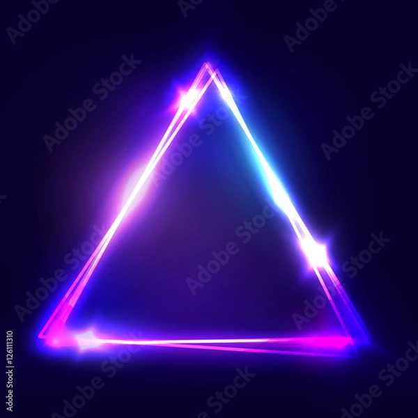 Fototapeta Neon sign. Triangle background. Glowing electric abstract frame on dark backdrop. Light banner with glow. Bright vector illustration with flares and sparkles.
