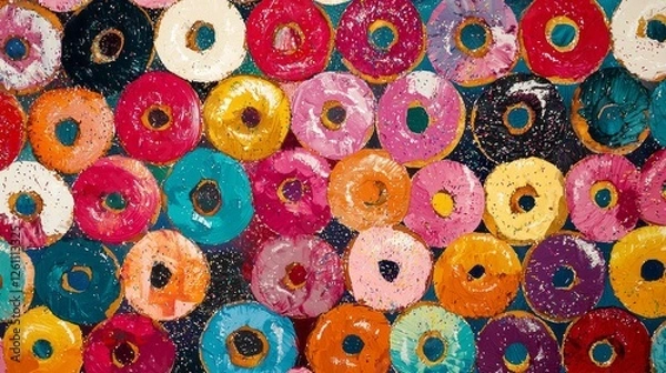 Fototapeta A spectacular assortment of donuts in vibrant hues beams with life and joy. Each donut showcases a unique design and flavor, inviting indulgence and delightful tastes