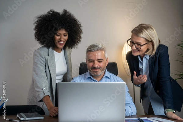 Fototapeta Business people, laptop and meeting in planning, teamwork or coaching for project on bokeh background at office. Group of happy employees working on computer for schedule plan, ideas or team strategy