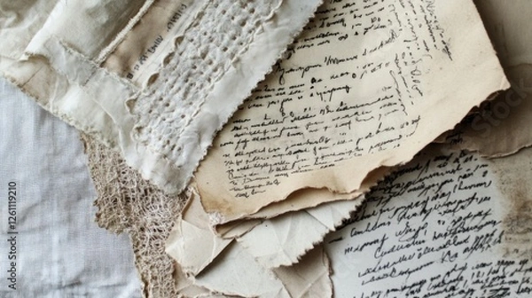 Fototapeta Antique letters and lace on fabric; history, memory, nostalgia; scrapbook, blog, website