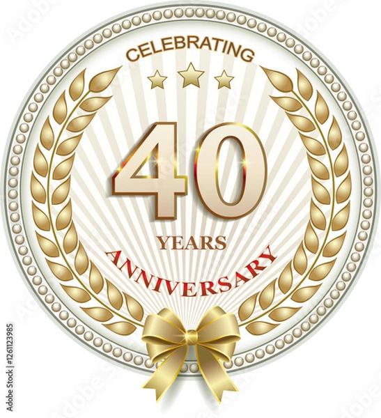 Obraz 40 years anniversary celebration, greeting card, festive background with jubilee numerals with stars and laurel wreath, birthday card, icon. Vector illustration