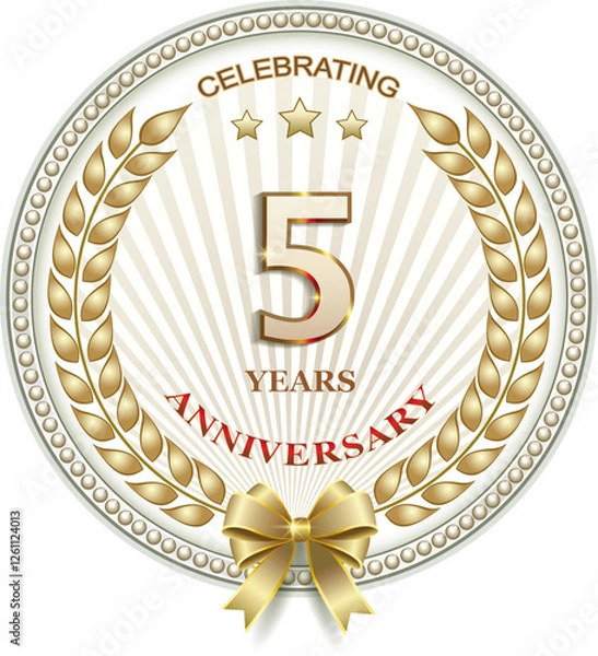 Obraz 5 years anniversary celebration, greeting card, festive background with jubilee numerals with stars and laurel wreath, birthday card, icon. Vector illustration
