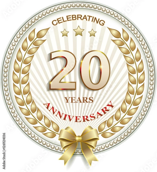 Obraz 20 years anniversary celebration, greeting card, festive background with jubilee numerals with stars and laurel wreath, birthday card, icon. Vector illustration