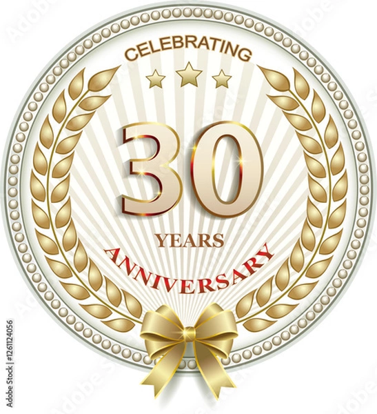 Obraz 30 years anniversary celebration. Festive background with jubilee numbers in laurel wreath with stars in beautiful round frame, birthday card, icon.
