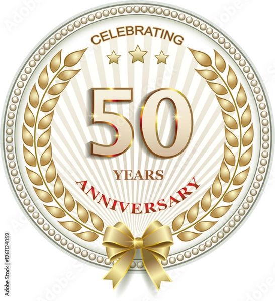 Obraz 50 years anniversary celebration, greeting card, festive background with jubilee numerals with stars and laurel wreath, birthday card, icon. Vector illustration