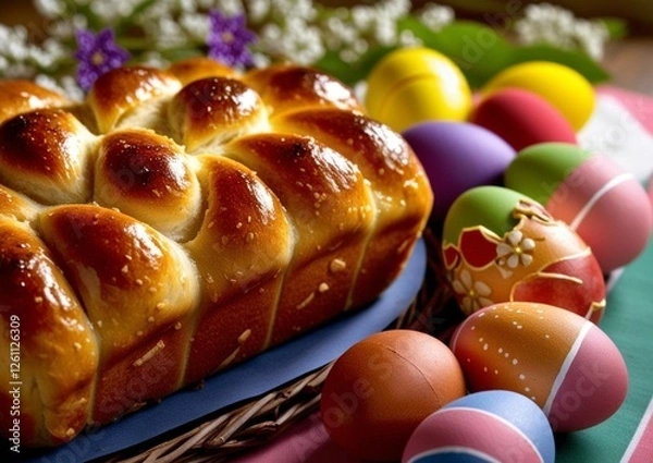 Fototapeta Easter cake and eggs, Easter decor, Easter eggs