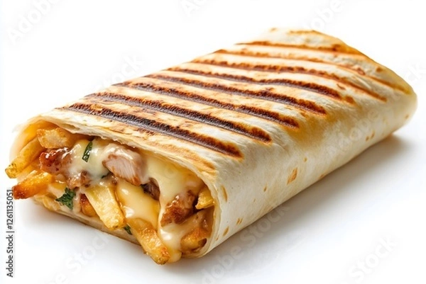 Obraz A french taco with chicken, french fries and a cheese sauce isolated on a white background