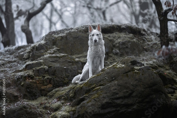 Obraz Beautiful and calm fluffy Swiss shepherd dog portrait outside in the magical snowy forest.