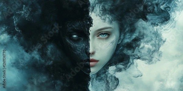 Obraz Duality Abstract, Concept, Artistic Portraits with Ethereal Faces Merging Light and Dark Elements in a Surreal and Gothic Style