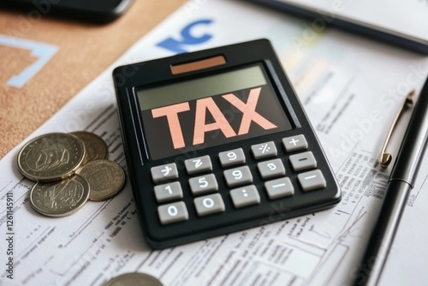 Fototapeta Tax season. Taxation. Word Tax on a calculator, coins stack on work desk. Paperwork, financial research, report. Calculation tax return. Personal banking. Finance. Planning budget. Calculating expense