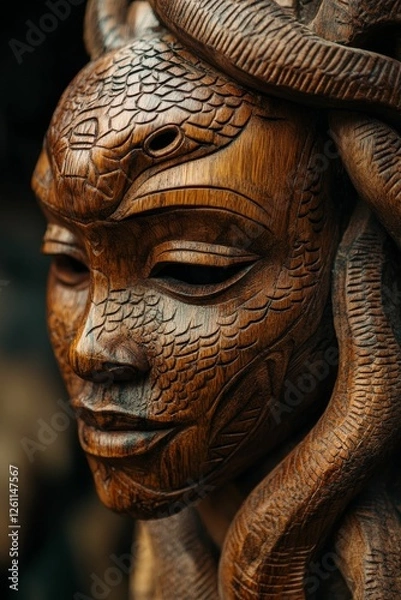 Fototapeta Intricate wooden carving, serpentine goddess face