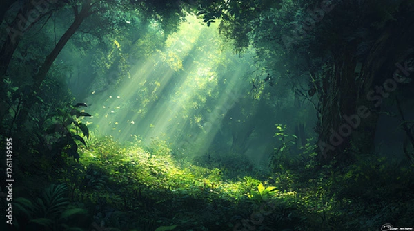 Obraz Lush green forests with sun rays peeking through