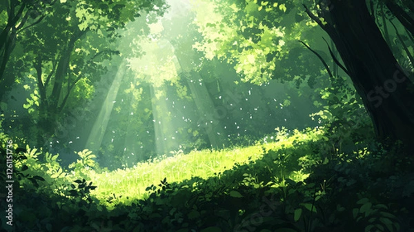 Obraz Lush green forests with sun rays peeking through