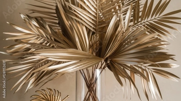 Fototapeta A stunning arrangement of golden palm leaves elegantly displayed in a clear glass vase, adding a luxurious touch to any decor.