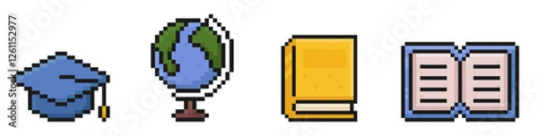 Obraz school supplies pixel art icons, back to school, 80s, 90s, old arcade game item style, hat, globe, book, textbook, vector illustration