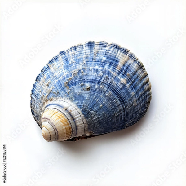 Fototapeta Blue and White Spiral Seashell, Side View on White Background, Studio Shot