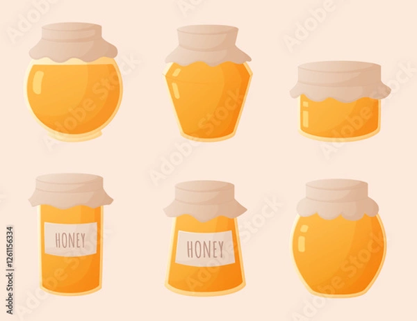 Obraz honey jar, set of objects, honey in a glass jar, sweet nectar, healthy food, design elements, stickers, vector illustration