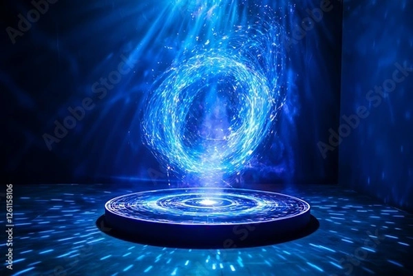 Obraz Blue hologram portal with a sci-fi teleport effect, glowing magic circles, and futuristic light design
