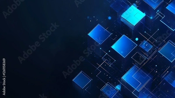 Obraz Blue overlapping pixels and geometric motion on a dark background, illustrating speed and simplicity in modern technology