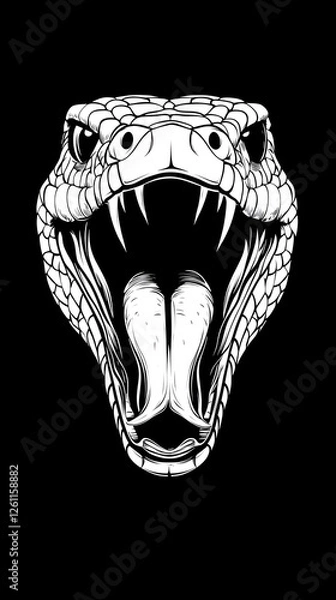 Fototapeta Black and white snake head with open mouth, vector style
