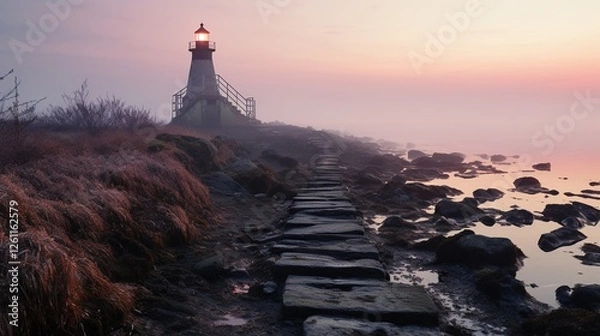 Obraz beautiful scenery with huge white lighthouse and sea! formidable dark rocks with sea