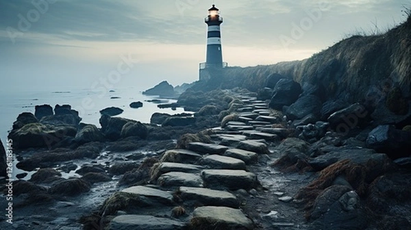 Obraz beautiful scenery with huge white lighthouse and sea! formidable dark rocks with sea