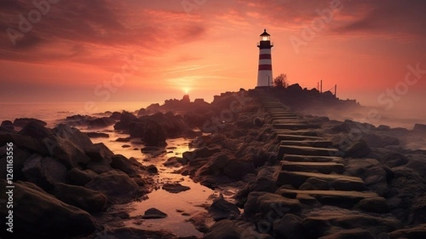Obraz beautiful scenery with huge white lighthouse and sea! formidable dark rocks with sea