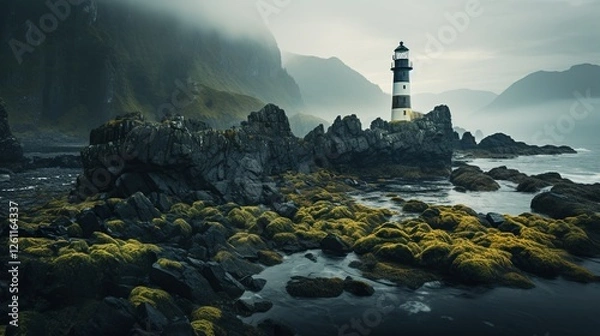 Obraz beautiful scenery with huge white lighthouse and sea! formidable dark rocks with sea