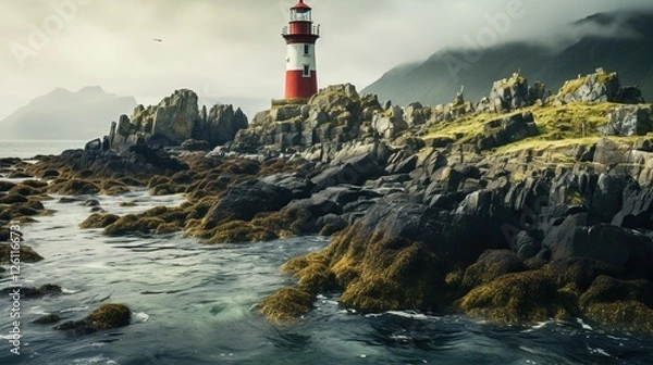 Obraz beautiful scenery with huge white lighthouse and sea! formidable dark rocks with sea