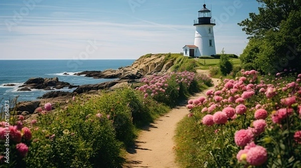 Obraz beautiful scenery with huge white lighthouse and sea! formidable dark rocks with sea