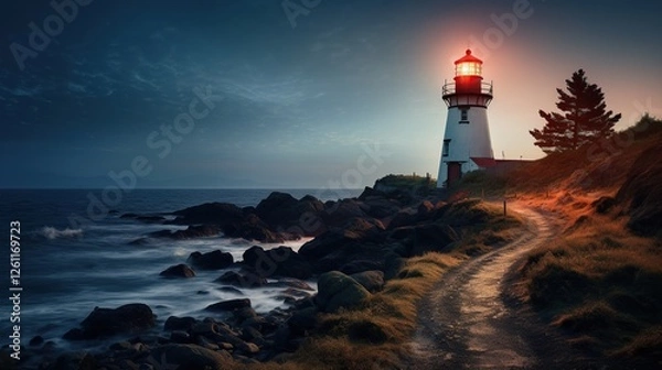 Obraz beautiful scenery with huge white lighthouse and sea! formidable dark rocks with sea