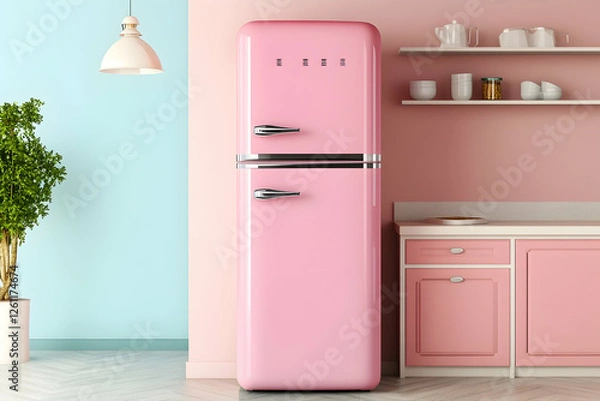 Fototapeta Retro kitchen with pastel colors and a vintage fridge for nostalgic design