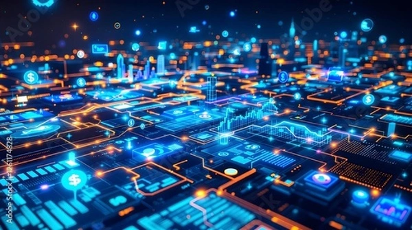 Obraz Abstract Digital Network with Financial Symbols and Data