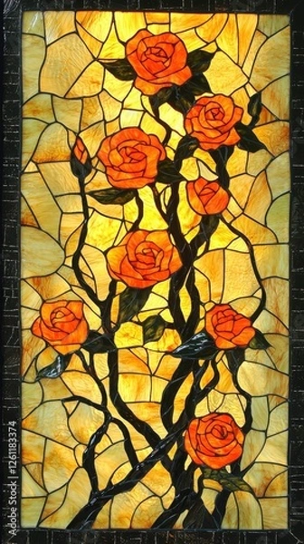 Fototapeta Stained glass artwork featuring orange roses and yellow light, creating a vibrant and romantic atmosphere in a decorative pattern.
