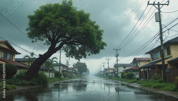 Obraz A rainy residential street with houses and a large tree leaning over the road