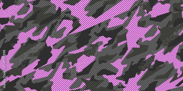 Obraz Pink camouflage seamless pattern with grid. Vector military pattern for trendy design.	