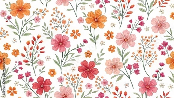 Fototapeta seamless pattern with pink, yellow and red flowers