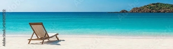 Fototapeta Secluded beach with a single lounge chair facing the turquoise sea, peaceful solitude