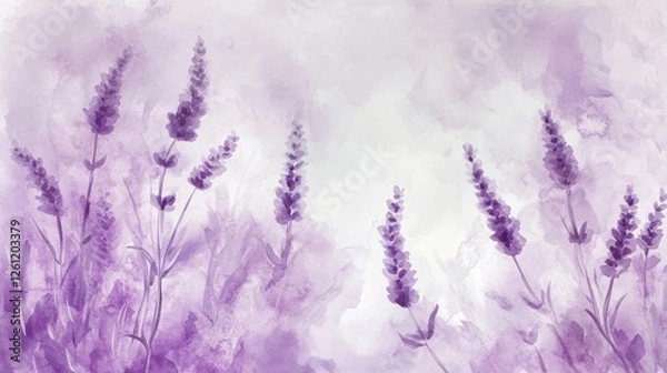 Fototapeta Lavender field watercolor painting, purple flowers, soft background, nature scene, design element