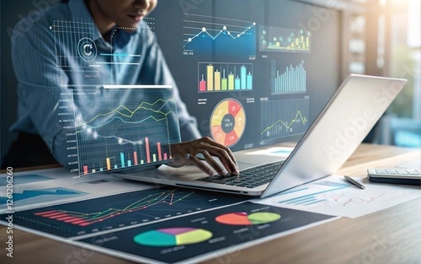 Fototapeta Data Analytics Business Intelligence, Charts, Graphs, and Laptop