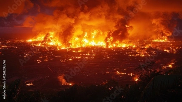 Obraz Massive Infernal Blaze Engulfs Industrial Complex At Night